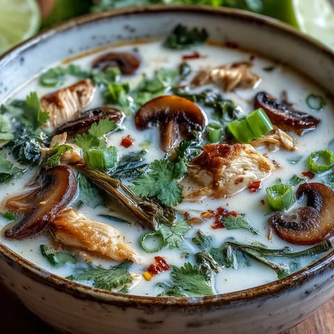 Garnished with fresh cilantro and green onions, Authentic Tom Kha Gai served hot with lime wedges on the side.