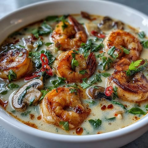 Creamy Thai Coconut Shrimp Soup in a white bowl with cilantro and lime wedges.