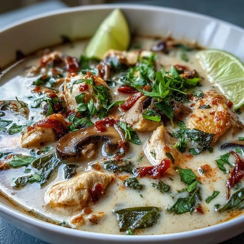 A ladle of Thai Chicken Coconut Curry Soup with snow peas, mushrooms, and red bell pepper.