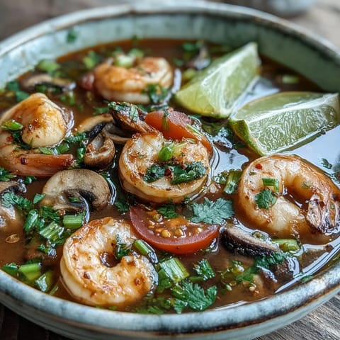 A steaming bowl of Tom Yum Soup features shrimp, mushrooms, and tomatoes in a clear, golden broth infused with lemongrass.