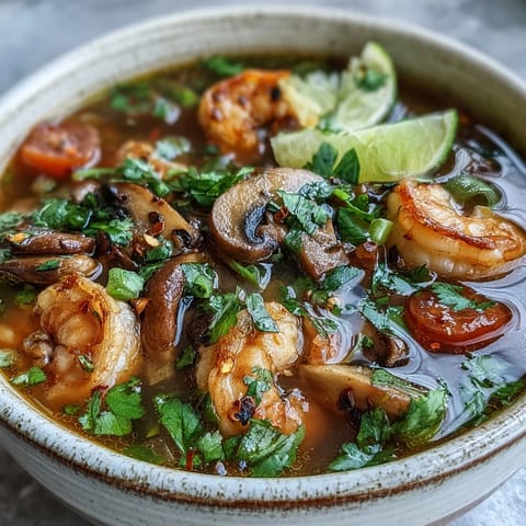 Fresh lime wedges and cilantro garnish this spicy Tom Yum Soup, served hot in a rustic ceramic bowl.
