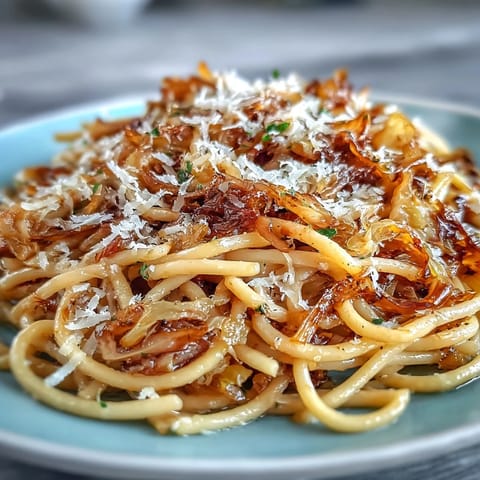 Savory garlic and caramelized cabbage pasta served with lemon zest and fresh parsley garnish.