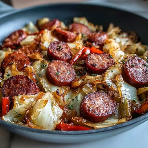 A close-up view of tender cabbage and onions mixed with sliced kielbasa in this easy Smothered Cabbage With Sausage Skillet, garnished with fresh herbs for serving.