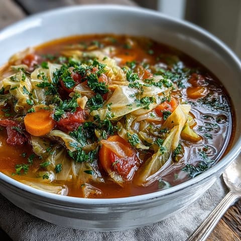 A ladle serves up Classic Cabbage Soup topped with fresh parsley, ideal for a cozy vegetarian dinner.