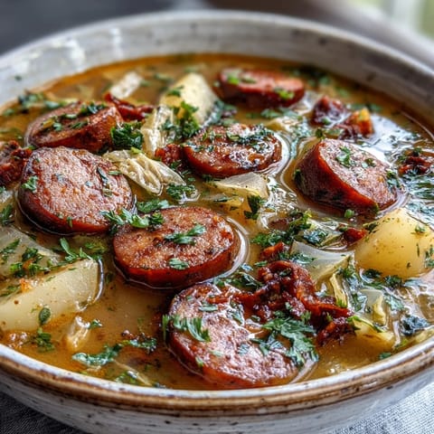 Thick slices of smoked kielbasa sausage, creamy diced potatoes, and tender green cabbage simmer in a savory golden broth.