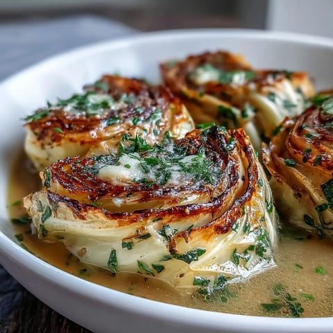 Herby Cabbage in Parmesan Broth served in shallow bowls with a spoon, showing creamy broth and fresh herbs.