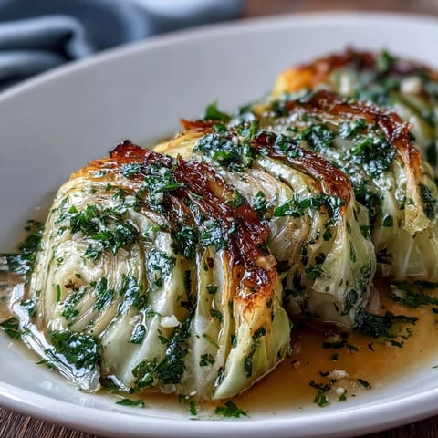 Tender wedges of Herby Cabbage in Parmesan Broth simmered in a rustic pot with garlic and thyme.