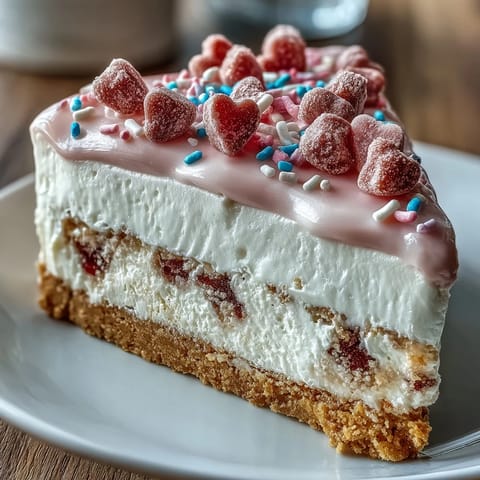 Creamy no-bake Candy Hearts Fake Cake with a graham cracker crust and pink whipped frosting, topped with colorful conversation hearts and rainbow sprinkles.