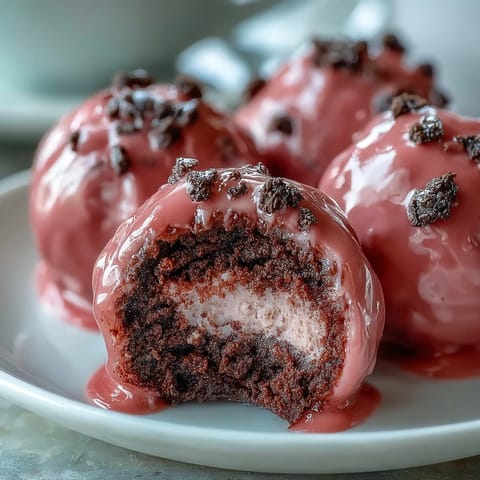 Vibrant pink candy shell glistens on these homemade Oreo Truffle Balls, served chilled on a dessert platter.