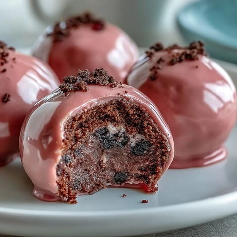 Three bite-sized Oreo Truffle Balls rest on a white plate, featuring a smooth pink coating and optional sprinkles.