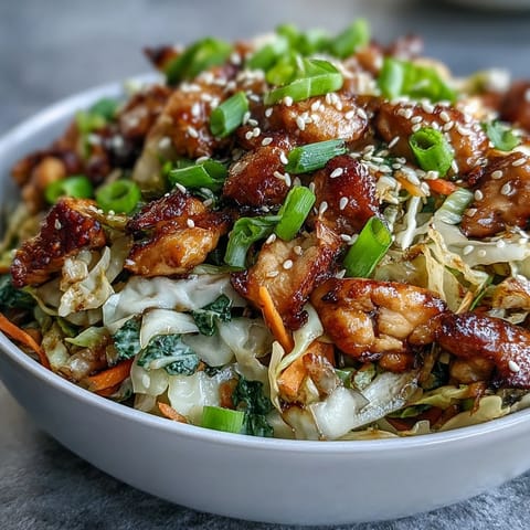 Hot Egg Roll Bowls with Chicken and Cabbage served in a white bowl, topped with green onions and sesame seeds.