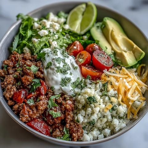 Fork-ready Low Carb Burrito Bowl featuring savory ground beef, fluffy cauliflower rice, and colorful veggies for a quick keto dinner.