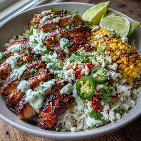 Street Corn Chicken and Rice Bowl featuring juicy sliced chicken, creamy zesty crema drizzle, cilantro, and lime wedges on the side.