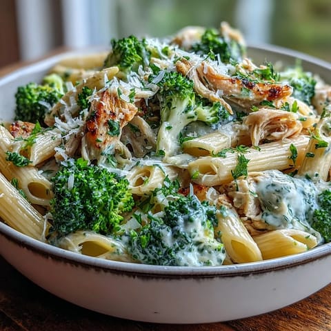 A skillet of High Protein Rotisserie Chicken Broccoli Pasta with bright green broccoli and Parmesan garnish.