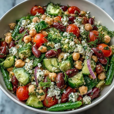 Bright Greek Bean Salad with feta and olives sits on a platter, marinated beans glistening in lemon-oregano dressing.