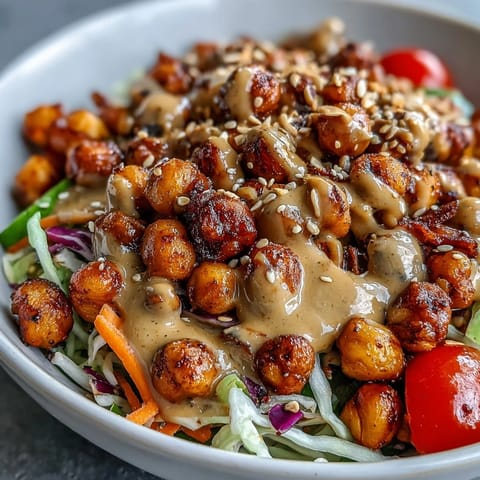 Overhead view of a nutritious Peanut Chickpea Protein Bowl served over brown rice, topped with edamame, cherry tomatoes, and chopped peanuts.