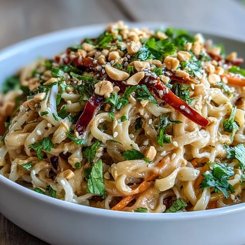 An overhead shot of Asian Peanut Noodle Bowl featuring colorful vegetables, sliced red bell pepper, and scallions, with lime wedges and sesame seeds for garnish.