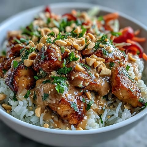 A vibrant Thai Peanut Chicken Bowl with tender chicken, coconut rice, crisp veggies, and a drizzle of creamy peanut sauce.