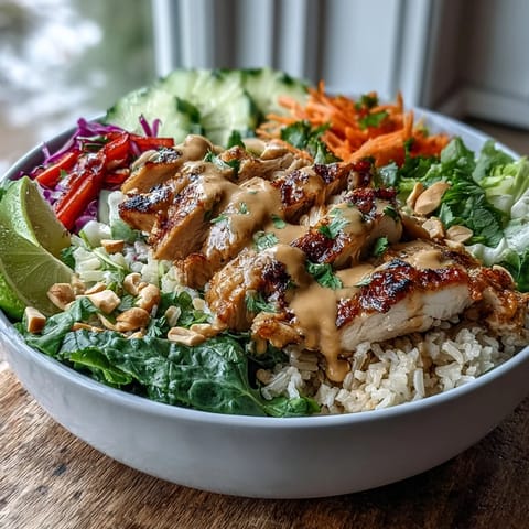 Freshly baked chicken slices rest over hearty grains in this Peanut Chicken Power Bowl, garnished with chopped peanuts and lime wedges.