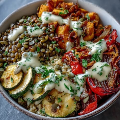 A close-up of a vibrant Lentil Power Bowl with caramelized roasted vegetables and a drizzle of creamy tahini dressing over quinoa.  