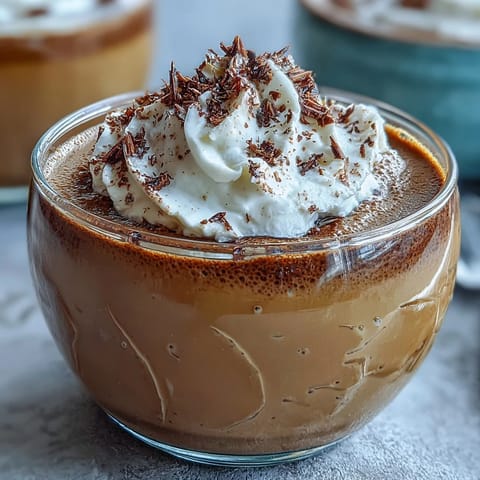 Silky Hojicha Pudding in a glass, garnished with whipped cream and cocoa powder for an elegant dessert.