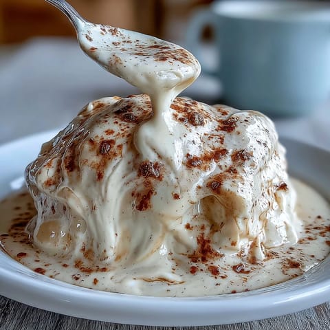 Hojicha Pastry Cream is spooned from a glass bowl, showcasing its smooth, caramel-brown custard texture.