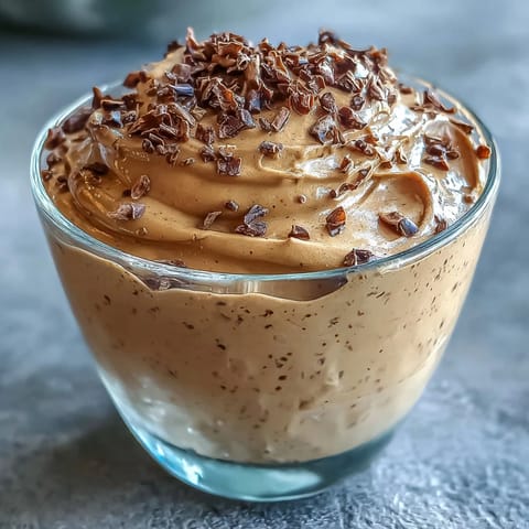 Creamy Hojicha Mousse layered with cocoa nibs, presented in elegant ramekins on a minimalist dessert plate.