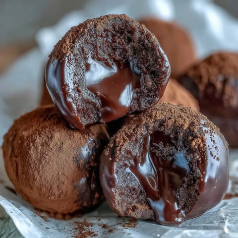 Stuffed Hojicha Truffles displayed next to a warm cup of green tea on a cozy, rustic wooden table.