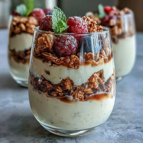 Hojicha Panna Cotta Parfait layered in a glass with creamy beige custard, fresh berries, and crunchy granola.