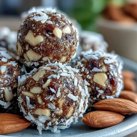 Hojicha Energy Balls rolled in shredded coconut, showcasing a rustic, no-bake texture for a quick vegan snack. 
