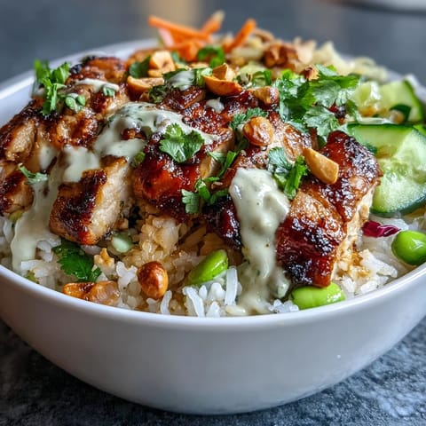 Creamy coconut rice topped with tender grilled chicken and fresh vegetables, drizzled with rich peanut sauce for a nourishing bowl meal.  