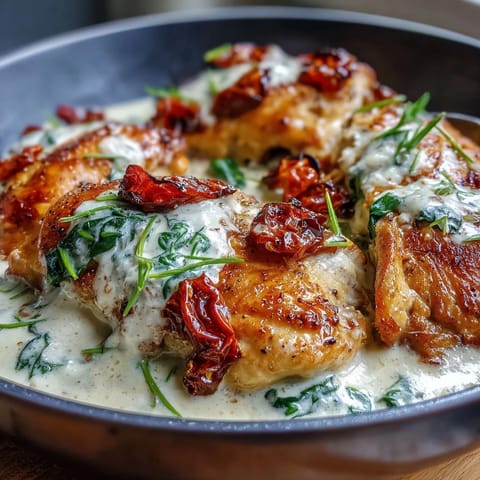 Creamy Tuscan Chicken Skillet with golden seared chicken in a rich garlic cream sauce, sun-dried tomatoes, and wilted spinach.  