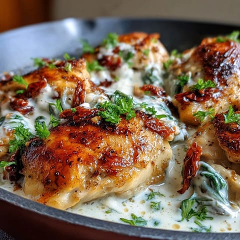 A comforting one-pan dinner featuring tender chicken breasts simmered in a luscious Parmesan cream sauce with vibrant spinach and tomatoes.  