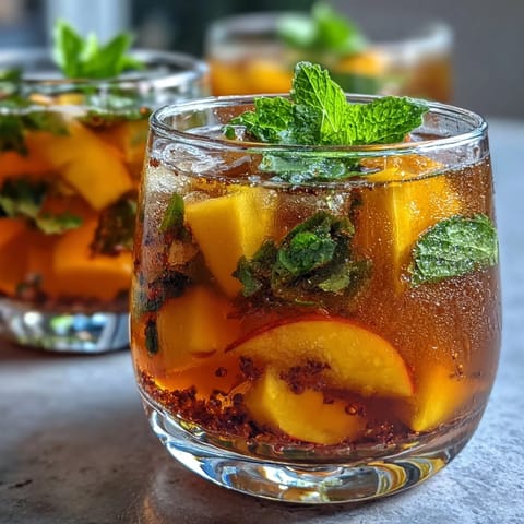 Cold mango peach iced tea with vibrant mint garnish, offering a sweet and fruity summer refreshment.  