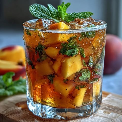 Refreshing mango peach iced tea with fresh mint leaves and fruit slices, perfect for summer sipping.  