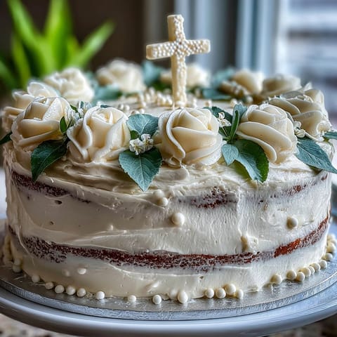 White fondant roses and cross topper adorn this First Communion Cake, showcasing smooth buttercream and tender vanilla sponge—a perfect centerpiece for a holy occasion.