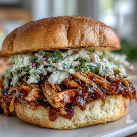 Juicy slow-cooked chicken in smoky barbecue sauce, topped with creamy coleslaw and served on a toasted bun.  
