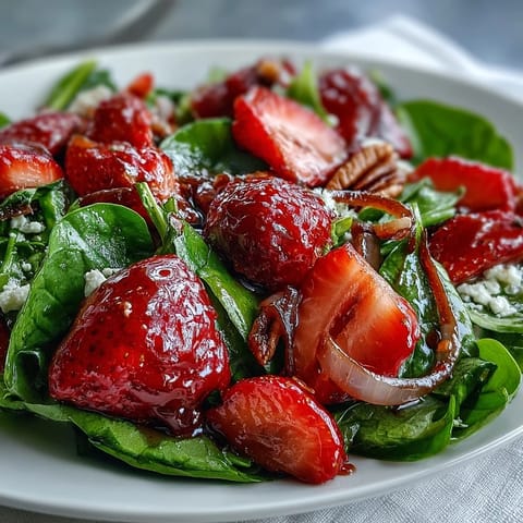 Colorful Spring Strawberry Spinach Salad featuring ripe berries, creamy goat cheese, tangy balsamic vinaigrette, and crunchy candied pecans.  