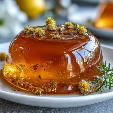 A jar of dandelion jelly with fresh lemon and honey, glowing golden and spread on rustic bread.