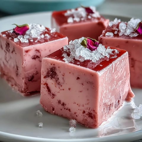 Beautifully chilled Strawberry Rose Gelatin Mosaic Cake, a floral delight with creamy texture.
