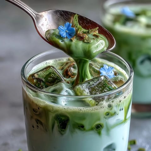 Iced matcha latte with vanilla cold foam, a creamy, layered morning treat.