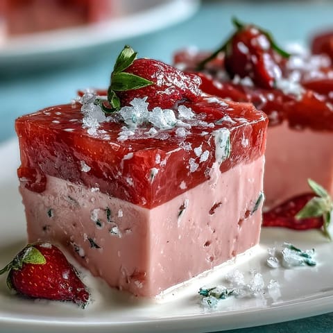 Vibrant Strawberry Rose Gelatin Mosaic Cake with shimmering cubes, a refreshing layered dessert.