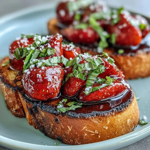 Vibrant strawberry balsamic bruschetta piled high on toasted sourdough bread.