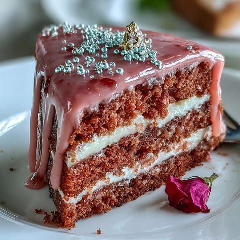 Elegant pink Bridal Shower Rosé Velvet Cake with shimmering gold drips.