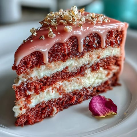 Decadent rosé-infused velvet cake, perfect for celebrations with edible gold accents.