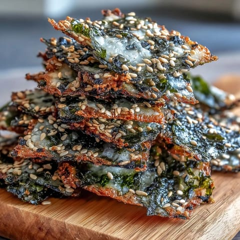 Crispy seaweed snack chips with sesame seeds and sea salt, perfectly baked.