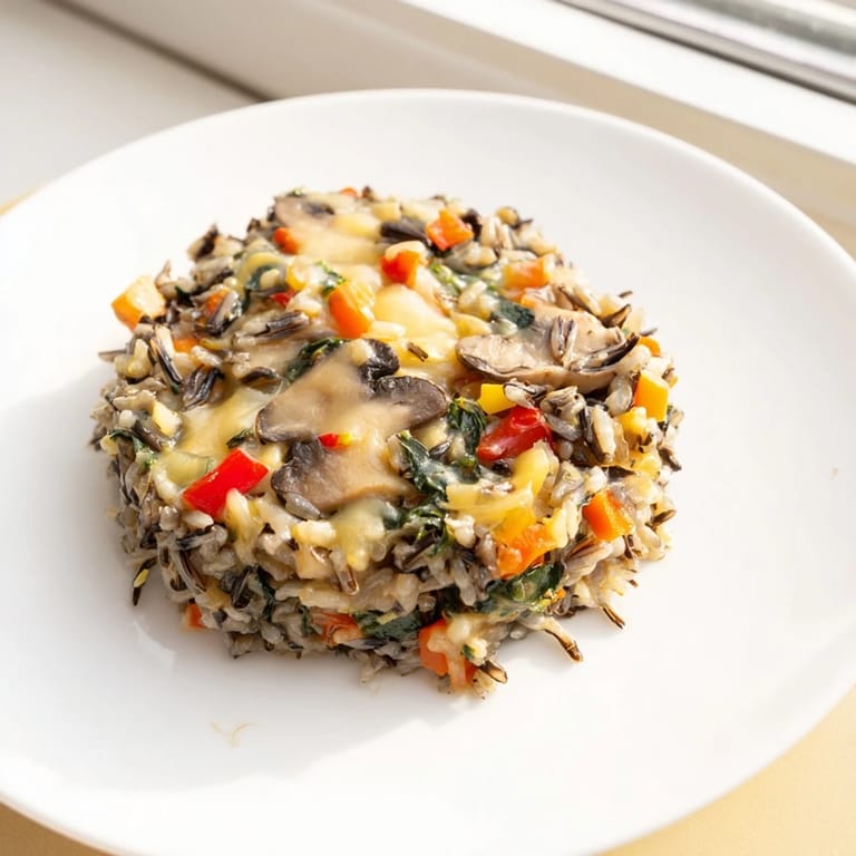 A close-up of a bubbling wild rice casserole with a golden-brown cheesy topping, delicious.