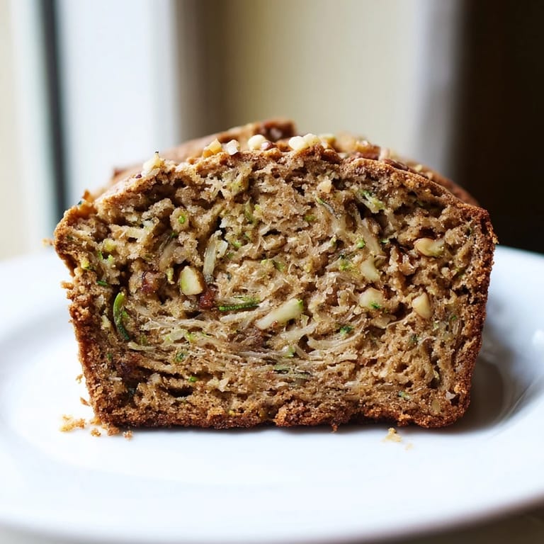 Close-up of moist zucchini bread, a delicious American snack with toasted nuts throughout.