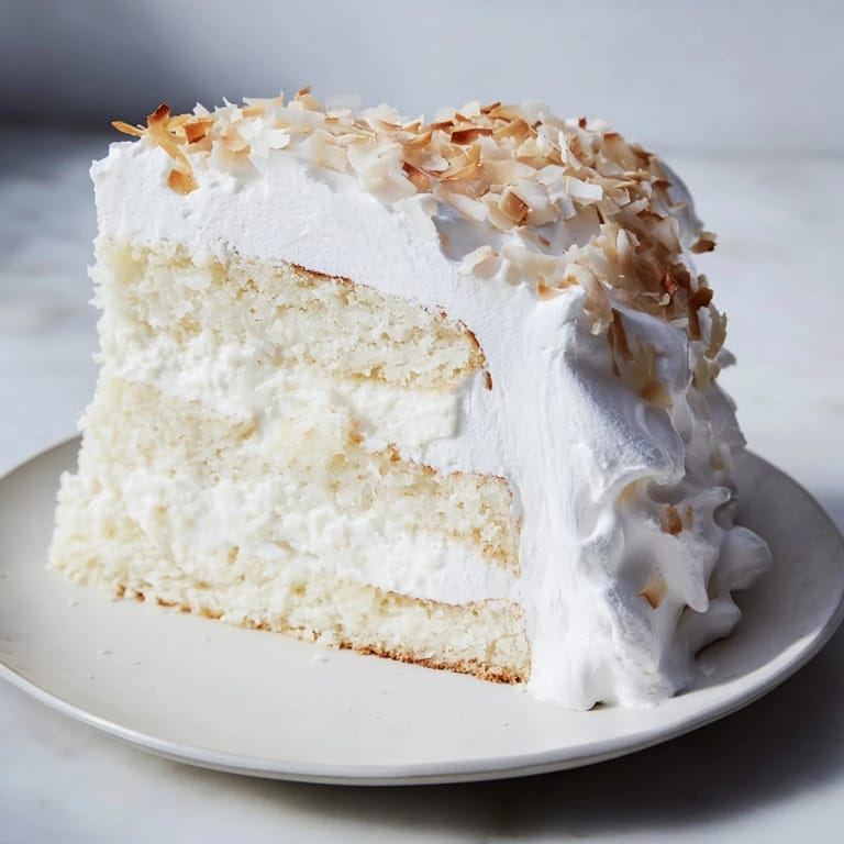 This beautifully frosted Coconut Cake boasts a sprinkling of toasted coconut, perfect for any celebration.