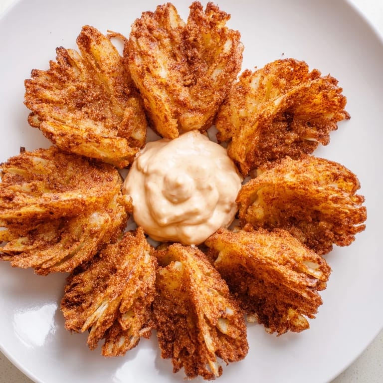 Close-up of golden, crispy onion petals ready to be dipped into the zesty, red spicy sauce.